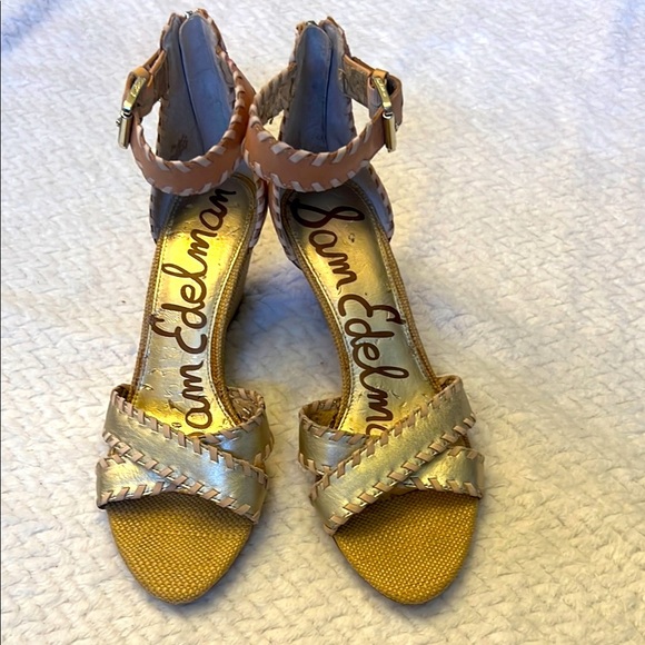 Sam Edelman Silvia Gold Beige Leather Zipper Back Wedge Sandals Ankle Strap Sz 9 - Picture 1 of 12